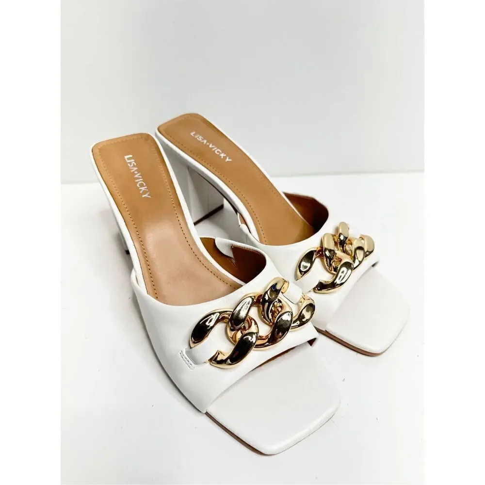 Lisa Vicky Sandals Womens Size 9.5 White Leather Open Toe Heels‎ With Chain